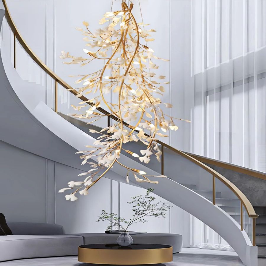 Cascading Porcelain Ginkgo Leaf Brass Chandelier