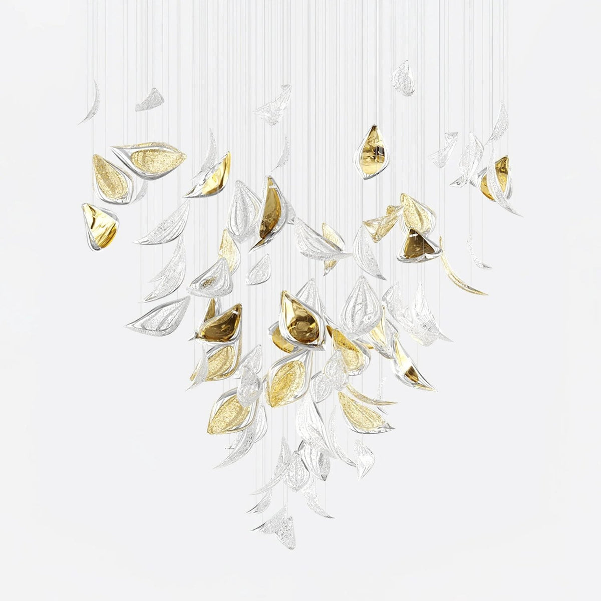 Cascading Textured Glass Leaf Gold Chandelier