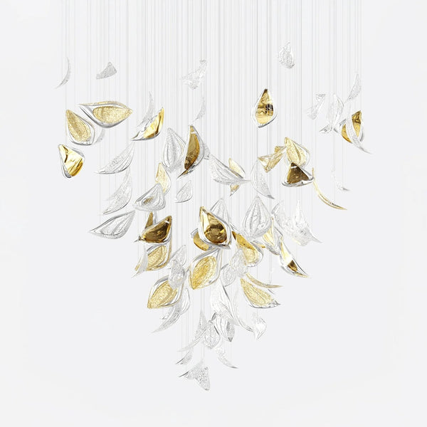 Cascading Textured Glass Leaf Gold Chandelier