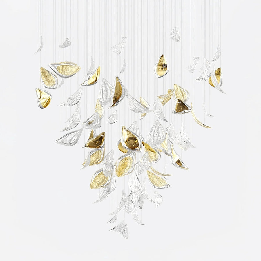 Cascading Textured Glass Leaf Gold Chandelier