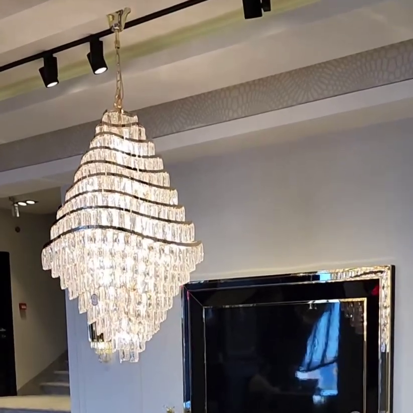 Cascading Tiered Crystal and Metal Chandelier