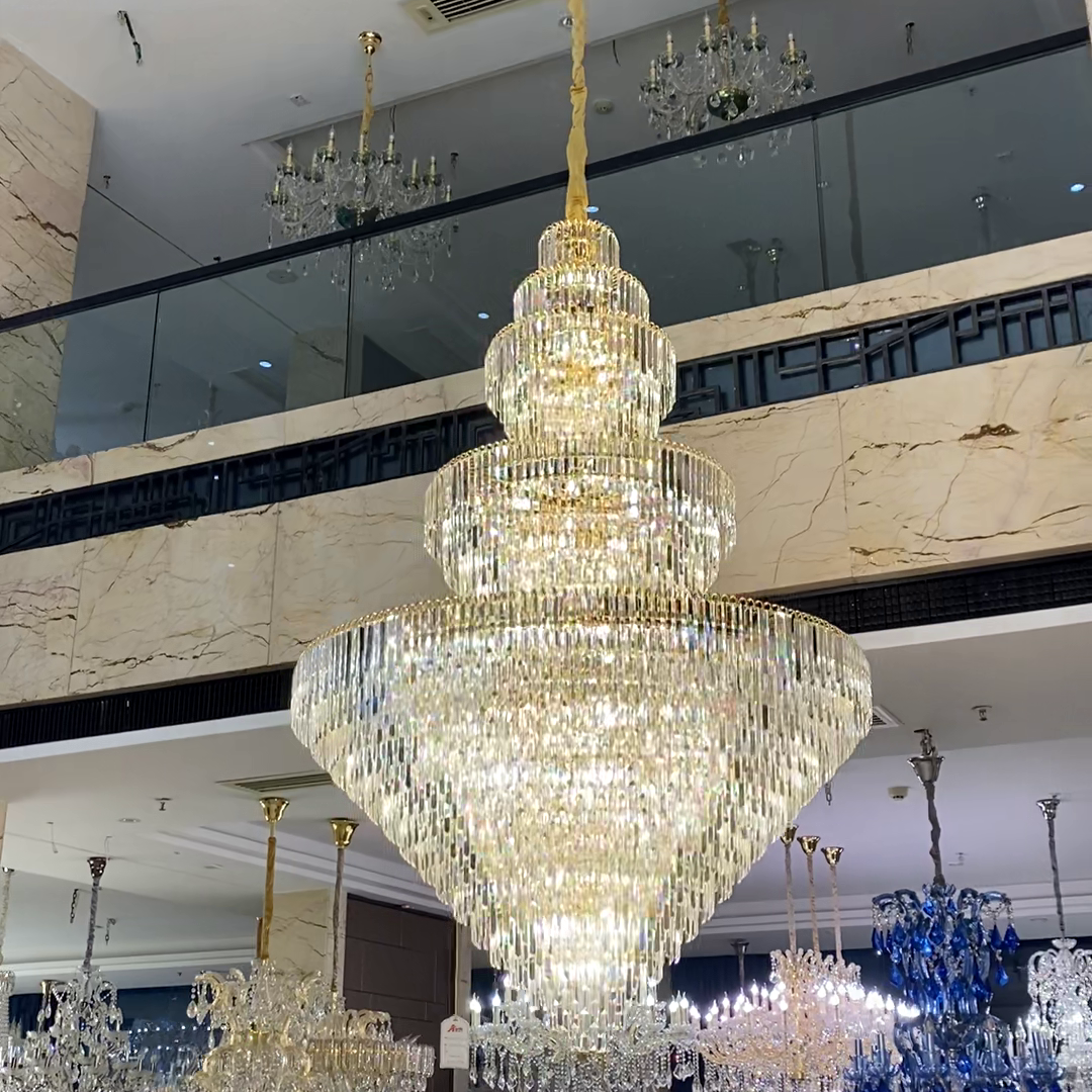 Cascading Tiered Round Crystal and Metal Chandelier