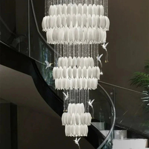 Cascading White Ceramic Tulip Iron Chandelier