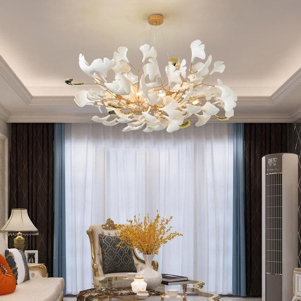 Ceramic Ginkgo Leaf Globe Chandelier with Gold Frame