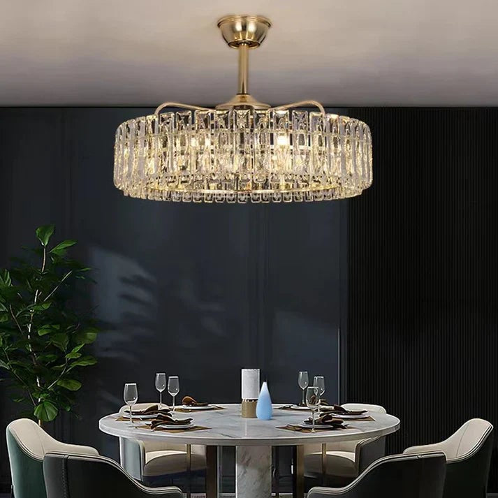 Champagne Metal and Crystal Globe Fan Chandelier
