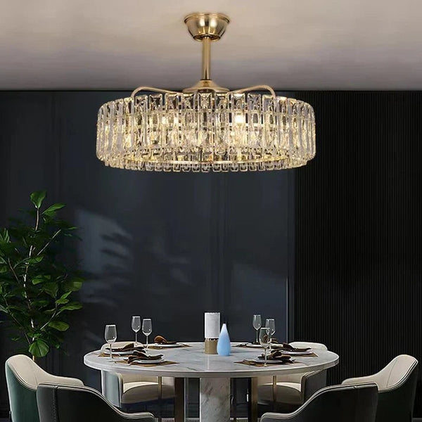 Champagne Metal and Crystal Globe Fan Chandelier
