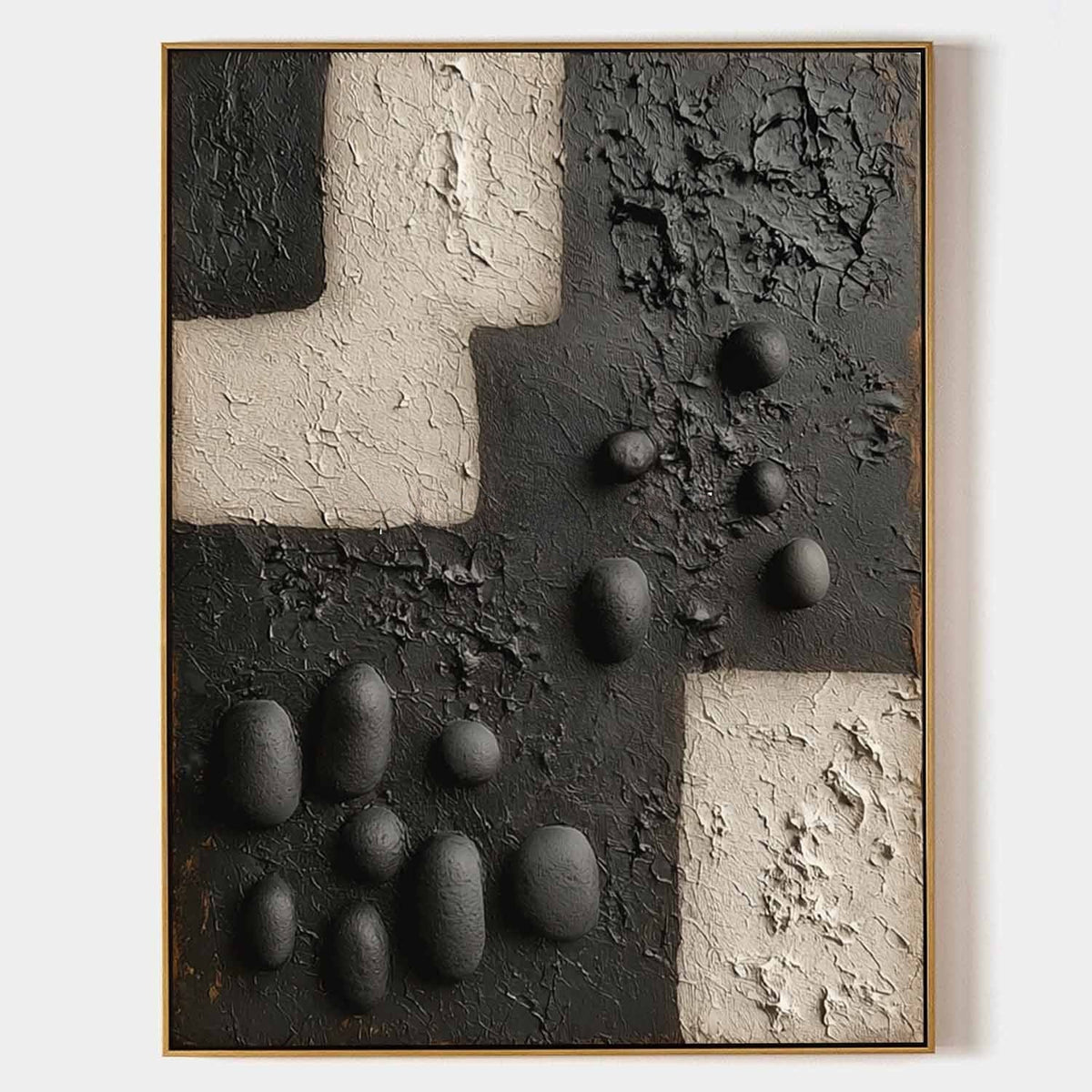 Charcoal Pebbles on Cracked Plaster