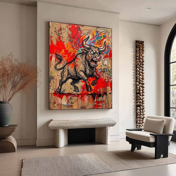 Charging Bull in Red Graffiti