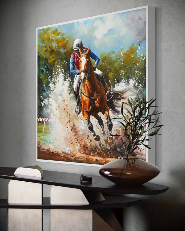 Chestnut Racehorse Through the Splash