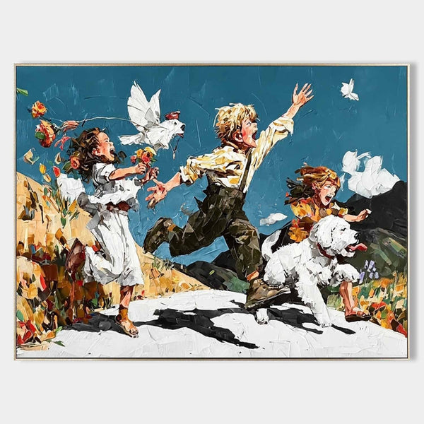 Children Running with Doves and Dog