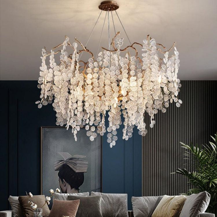Circular Brass Finish Stem Chandelier with Glass Blossom Tips