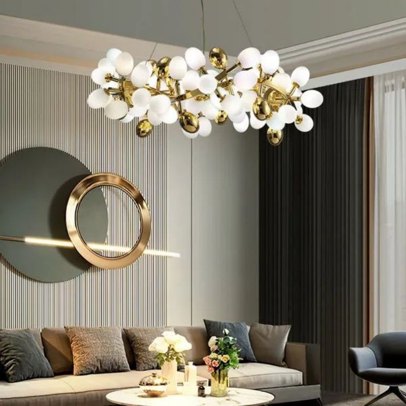Circular Gold Branch and Glass Orb Chandelier
