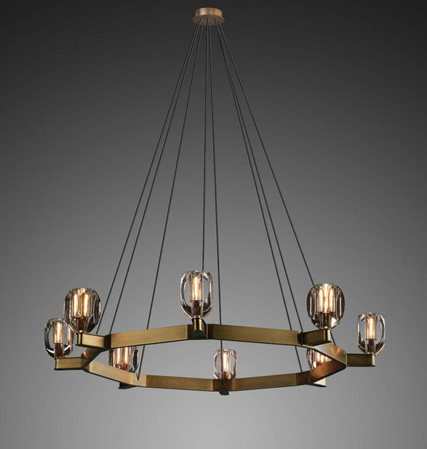 Circular Polished Brass and Cut Crystal Ring Chandelier
