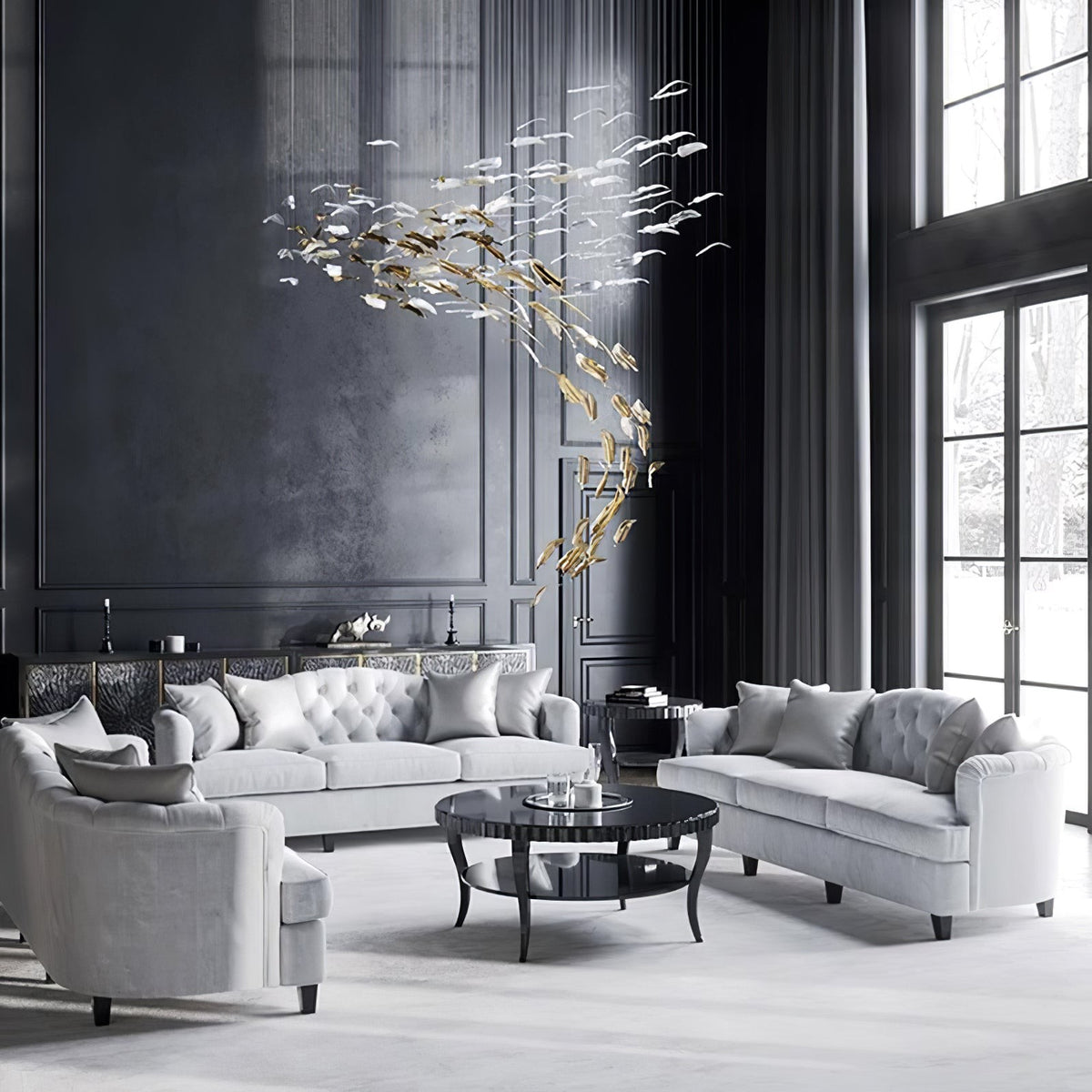 Clear Blown Glass Feather Cluster Chandelier