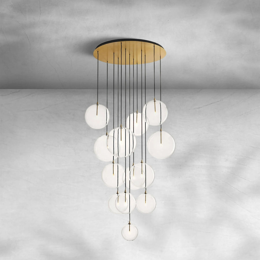 Cluster of Clear Glass Globes Brass Chandelier