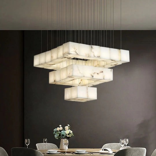 Clustered Alabaster Cube and Brass Pendant
