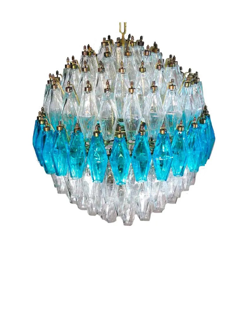 Clustered Clear and Blue Glass Polyhedra Chandelier