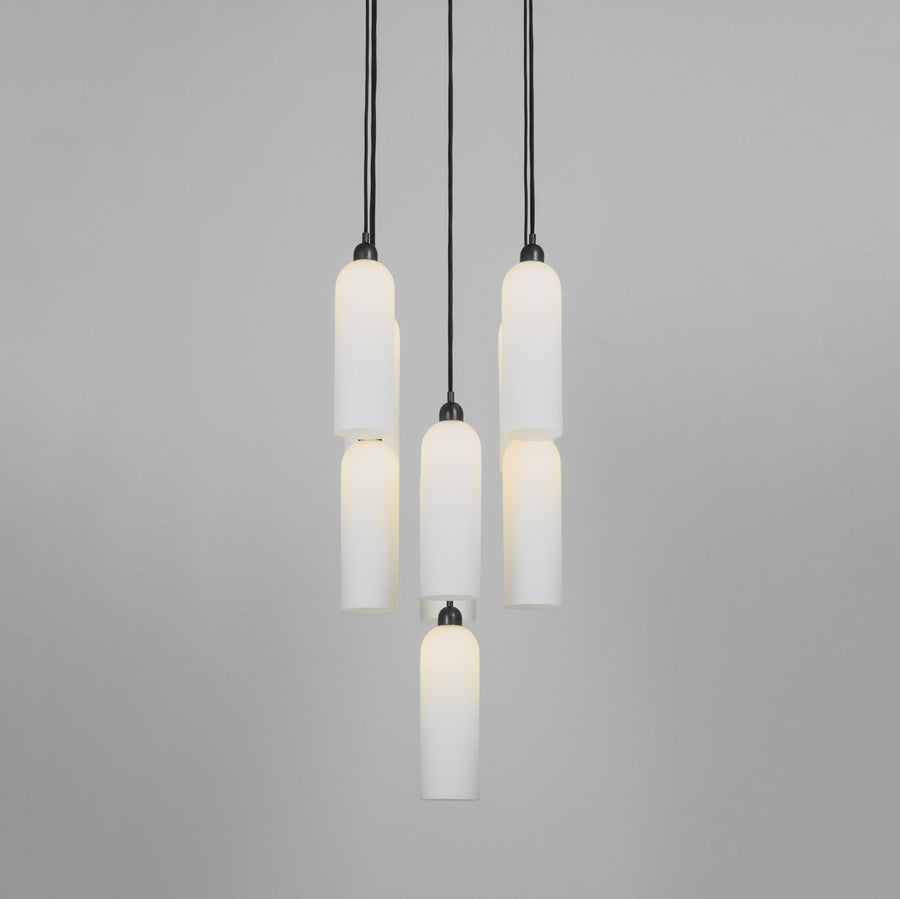 Clustered Frosted Glass Column and Brass Chandelier