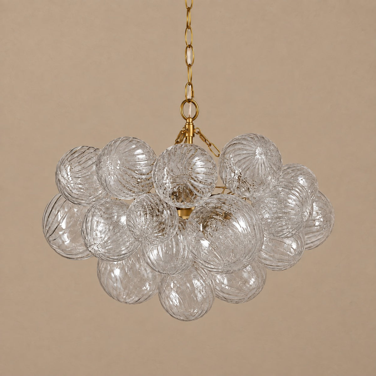 Clustered Ribbed Glass Globe Chandelier with Brass Chain