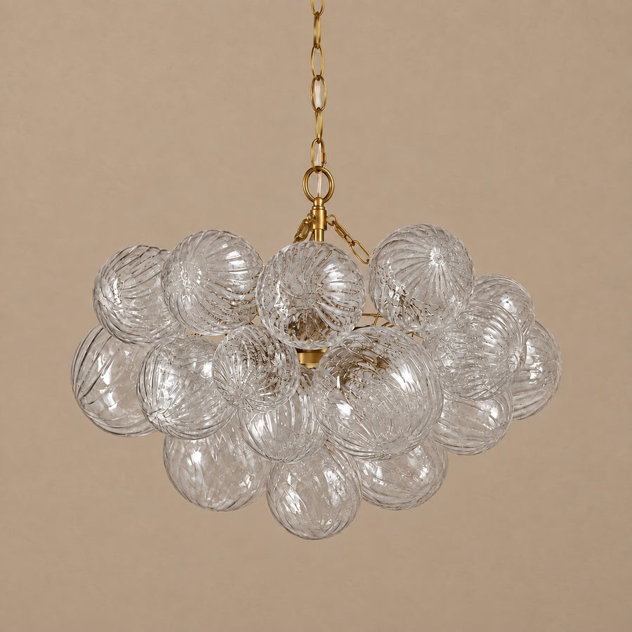 Clustered Ribbed Glass Globe Chandelier with Brass Chain