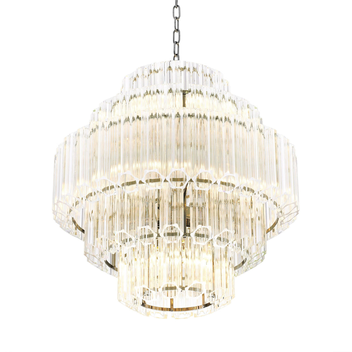 Clustered Ribbed Glass Tube and Nickel Chandelier