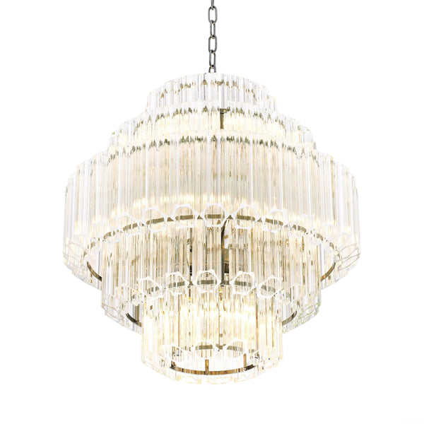 Clustered Ribbed Glass Tube and Nickel Chandelier
