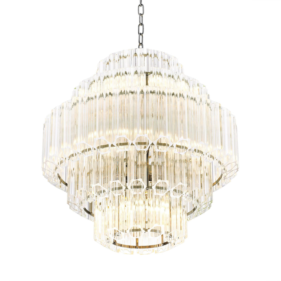 Clustered Ribbed Glass Tube and Nickel Chandelier