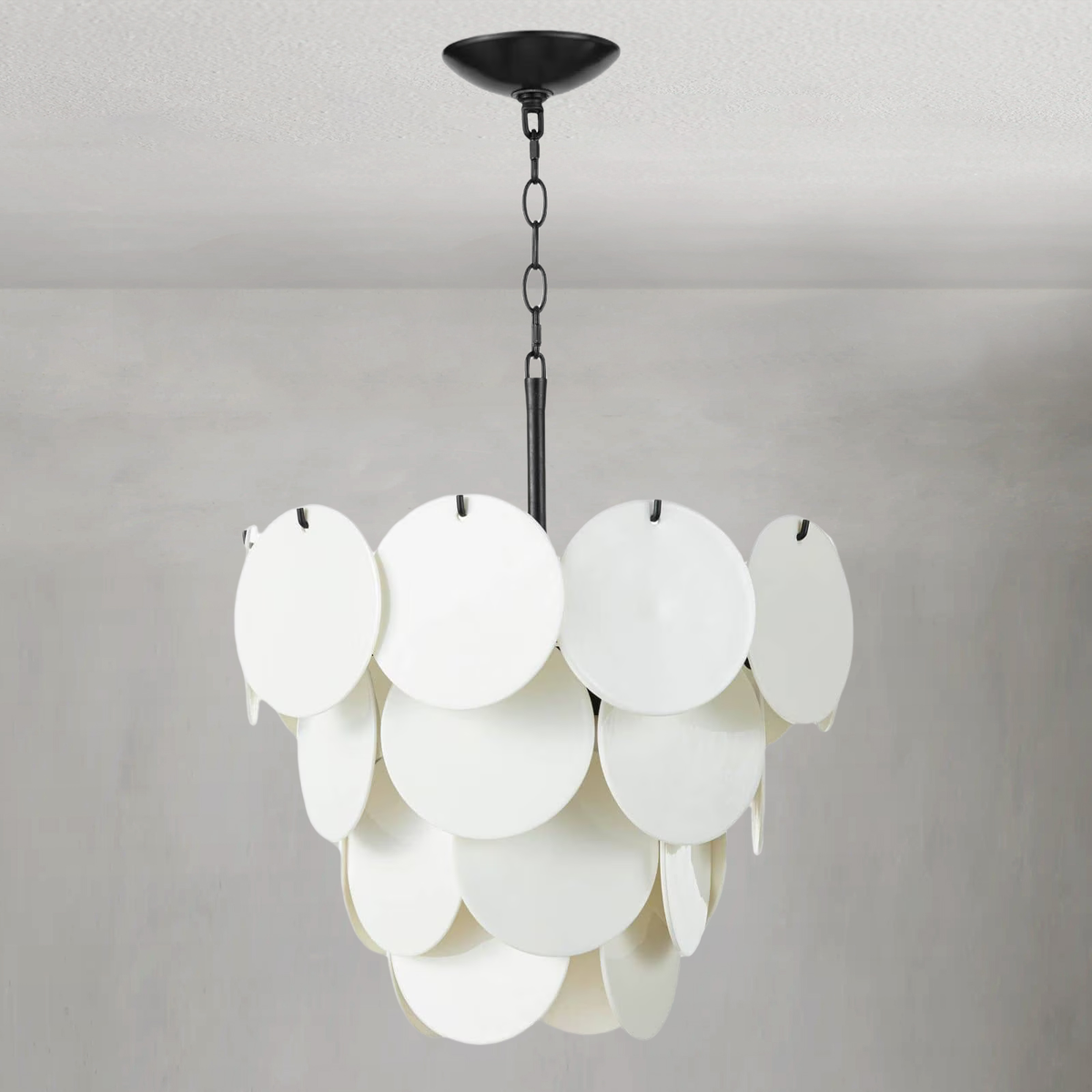 Clustered White Glass Disc Blackened Iron Chandelier