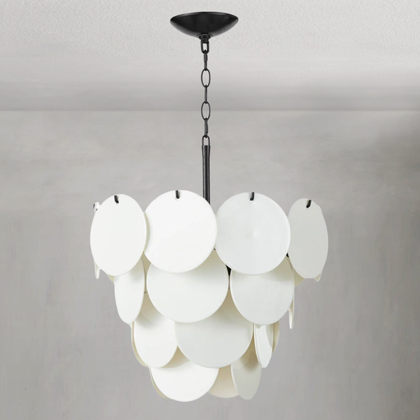 Clustered White Glass Disc Blackened Iron Chandelier