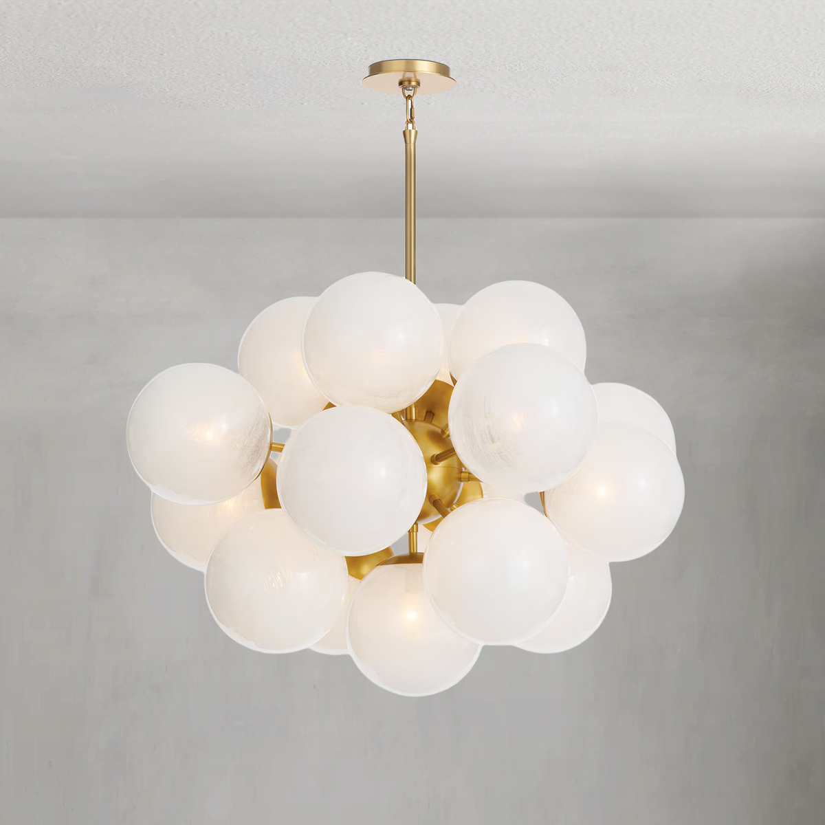 Clustered White Swirled Glass Globe Brass Chandelier