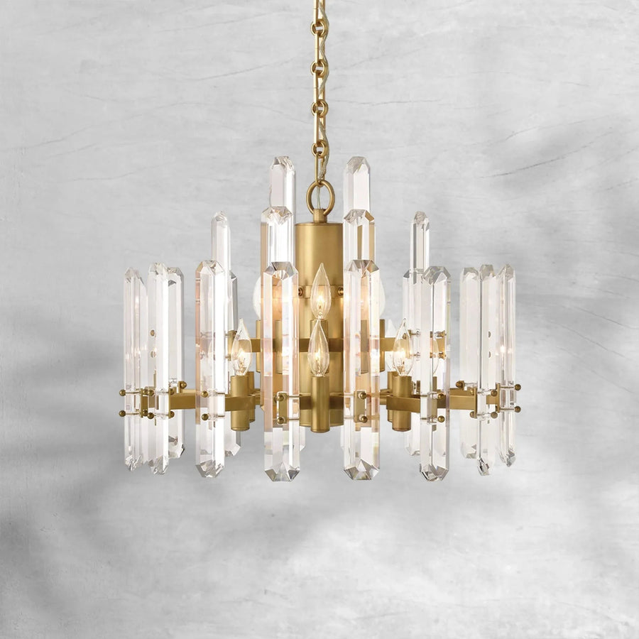 Compact Brass and Crystal Glass Ring Chandelier