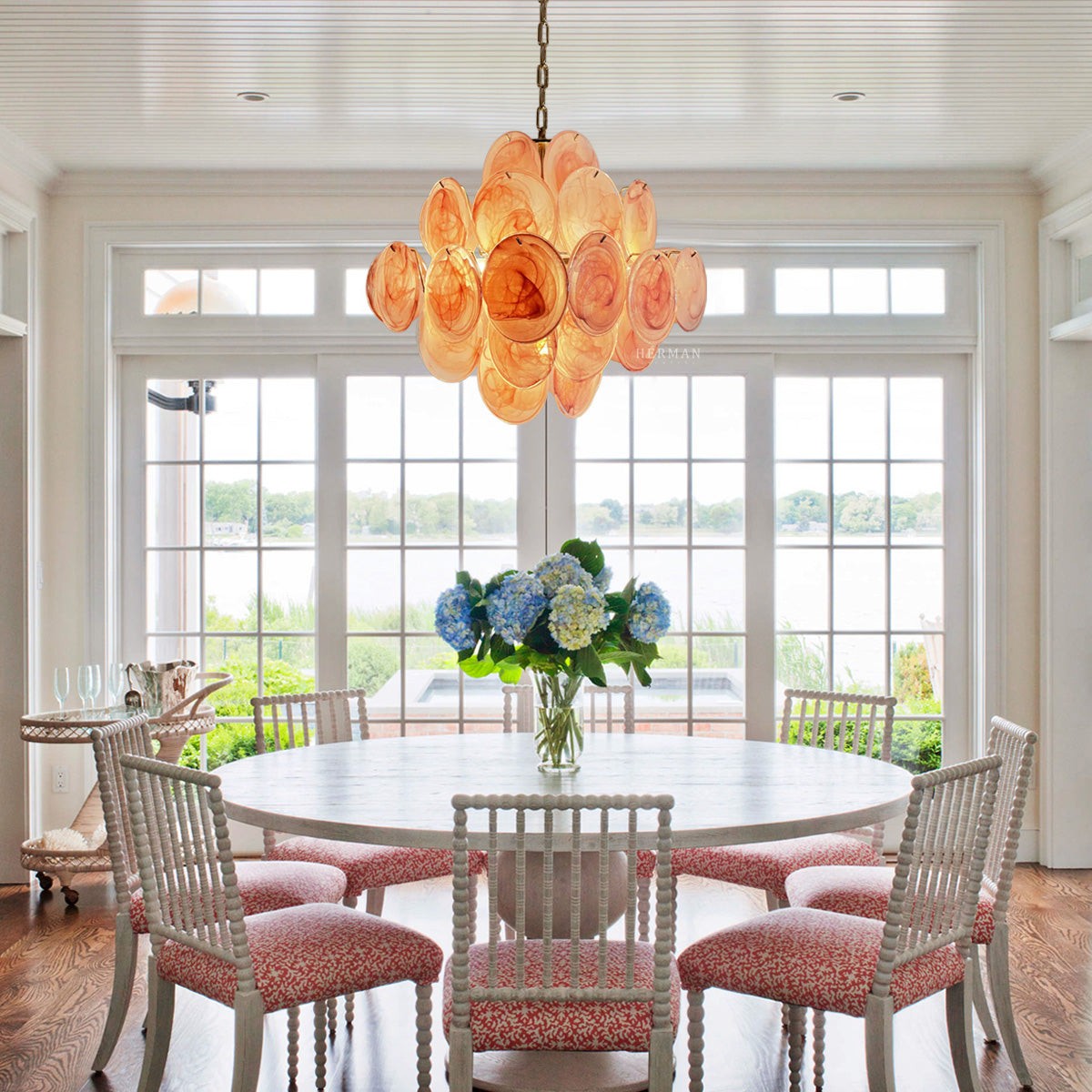 Compact Iridescent Pink Glass Disk Nickel Chandelier