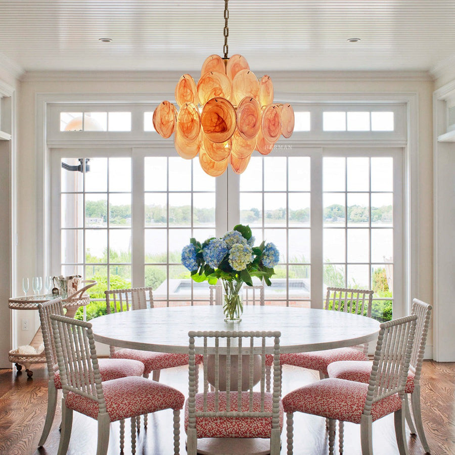 Compact Iridescent Pink Glass Disk Nickel Chandelier