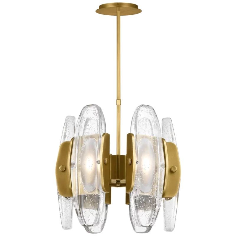 Compact Round Cast Glass Brass Ring Chandelier