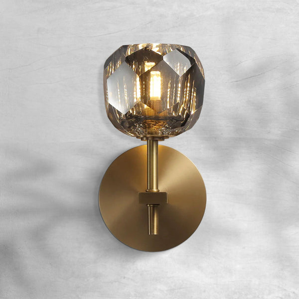 Compact Single Faceted Crystal Sphere Brass Wall Sconce