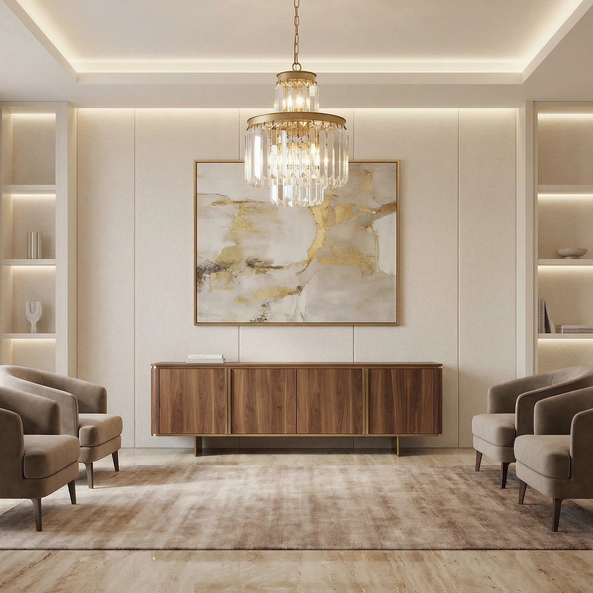Compact Tiered Crystal and Iron Chandelier