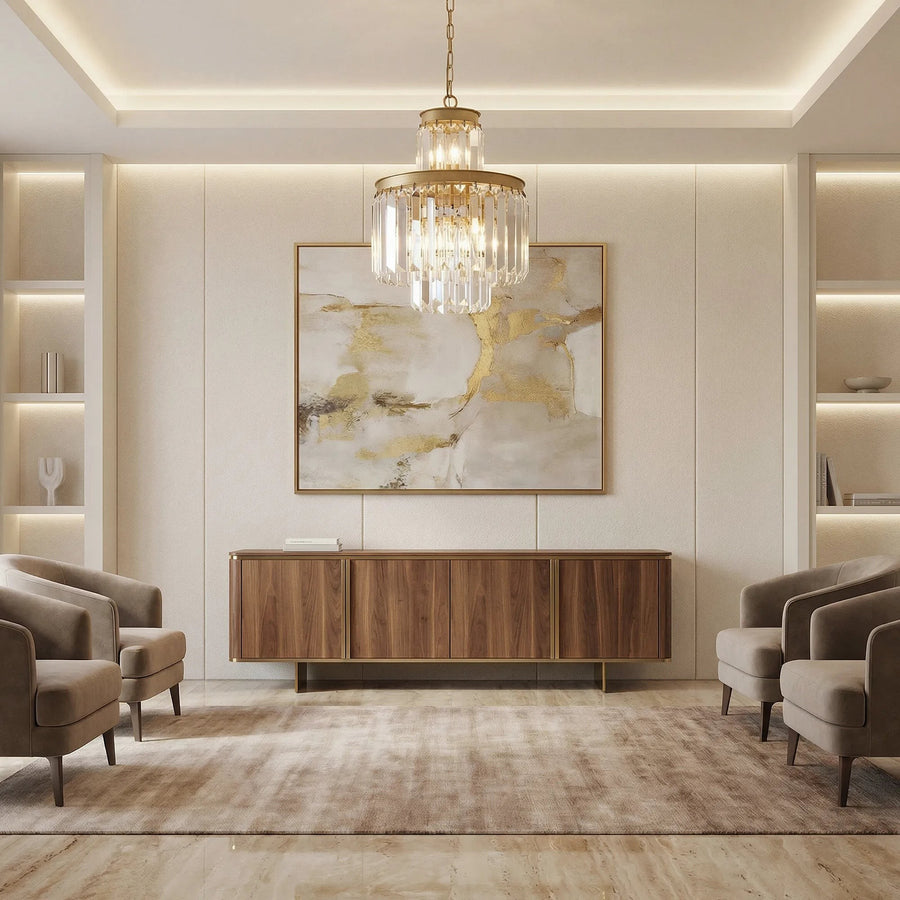 Compact Tiered Crystal and Iron Chandelier