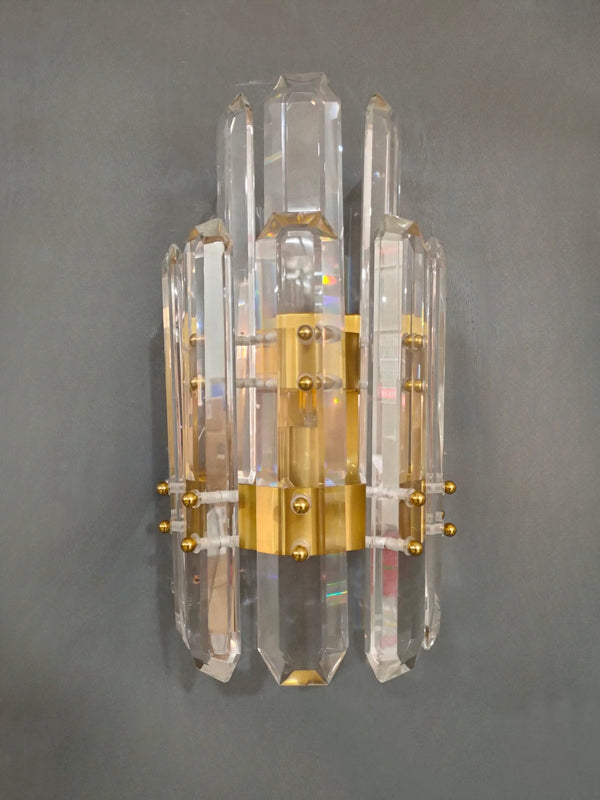 Concentric Brass Frame Faceted Crystal Wall Sconce