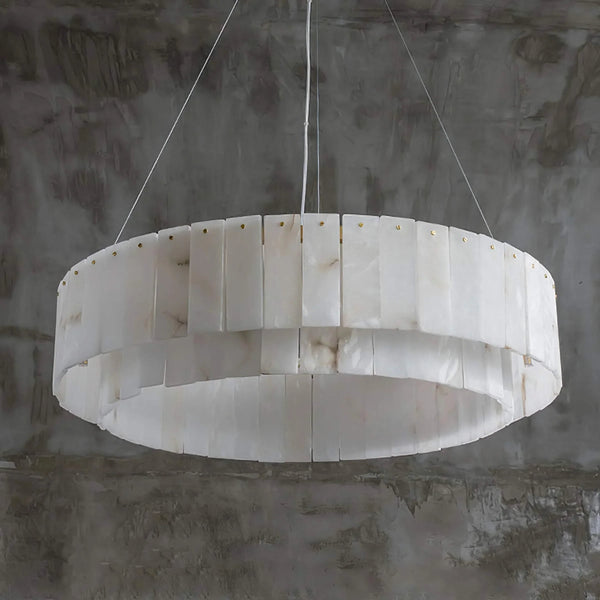 Concentric Ring Alabaster Drum Chandelier with Brass