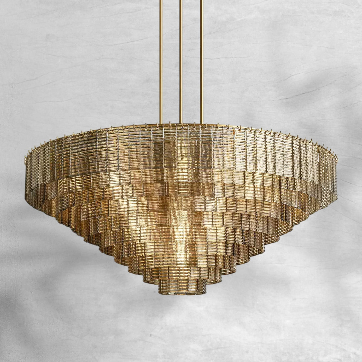 Concentric Smoked Glass Rings Brass Steel Chandelier