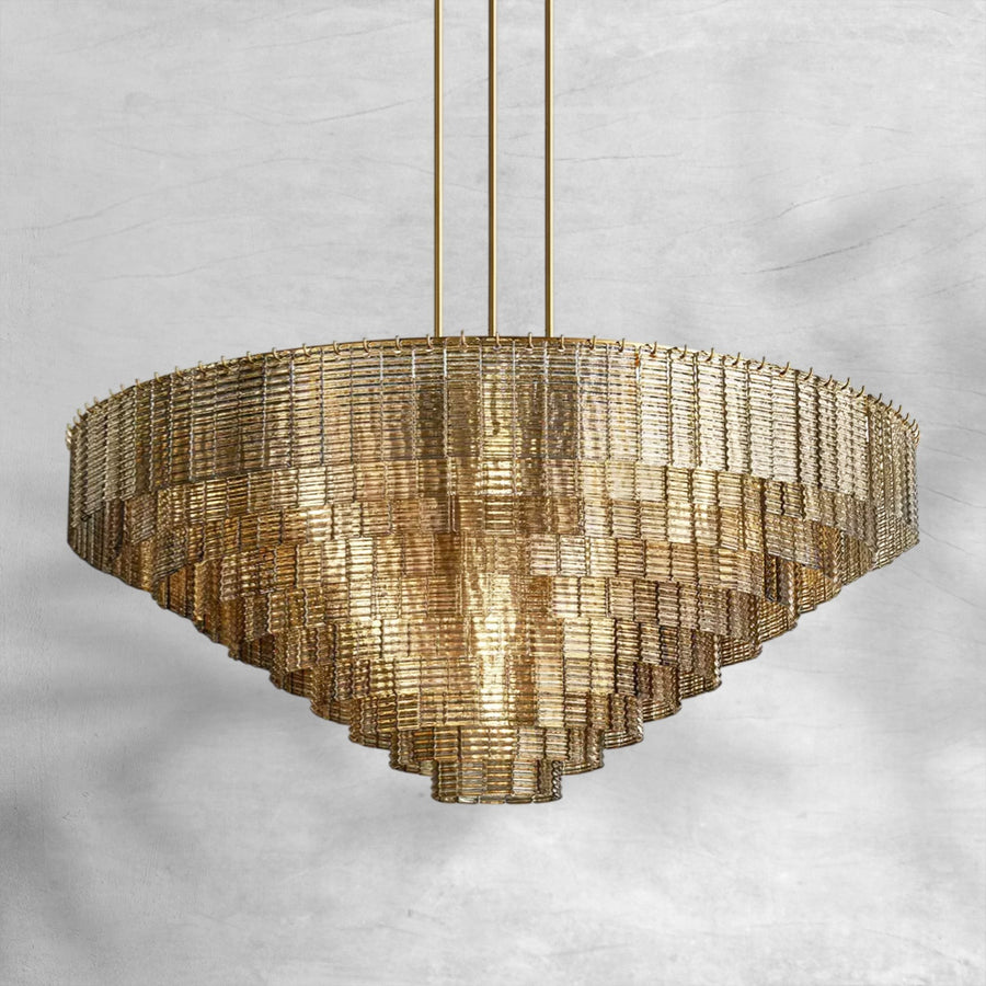Concentric Smoked Glass Rings Brass Steel Chandelier