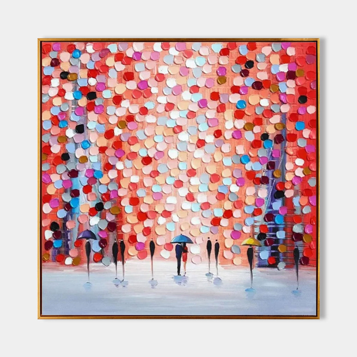 Confetti Canopy Over Rainy Promenade