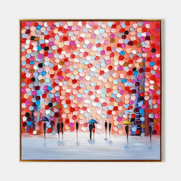 Confetti Canopy Over Rainy Promenade