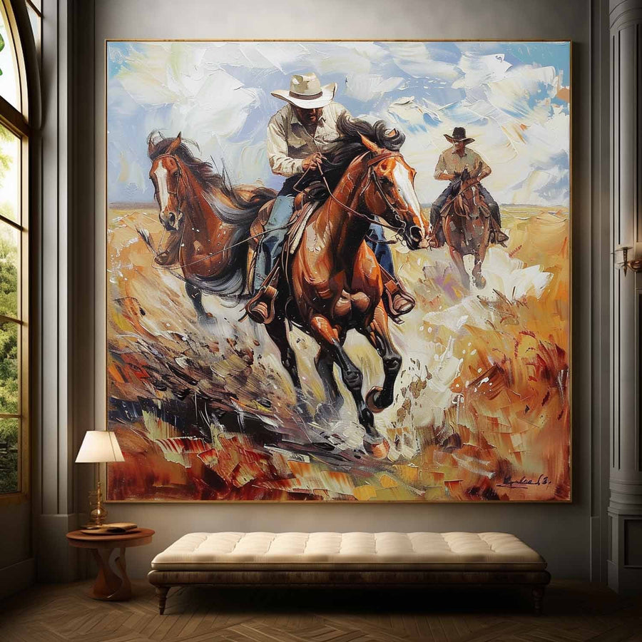 Cowboys Galloping Across Golden Prairie