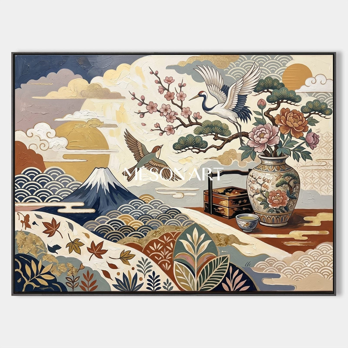 Crane and Peony Over Snowy Mountain