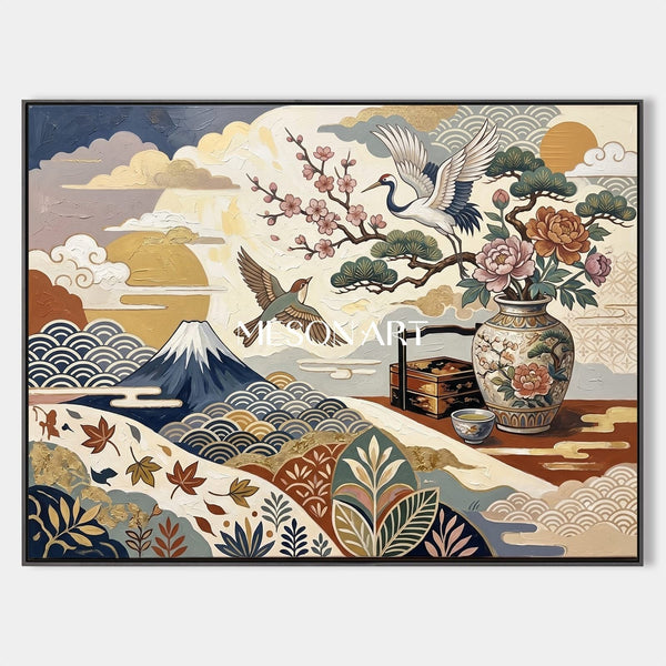 Crane and Peony Over Snowy Mountain