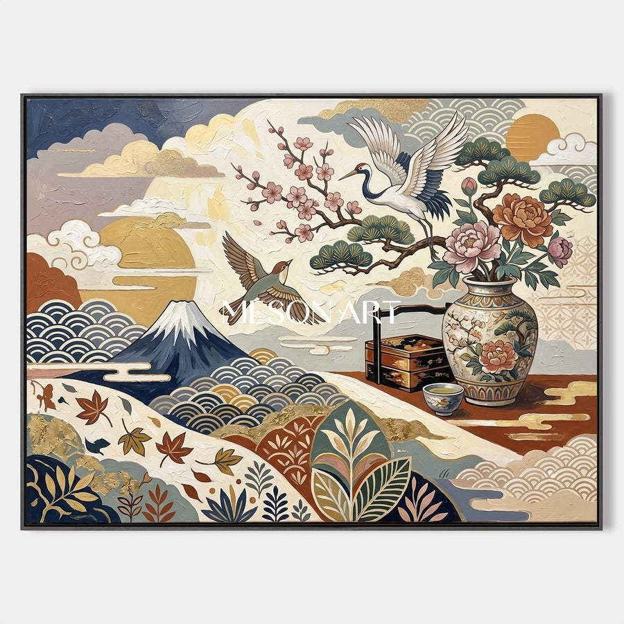 Crane and Peony Over Snowy Mountain