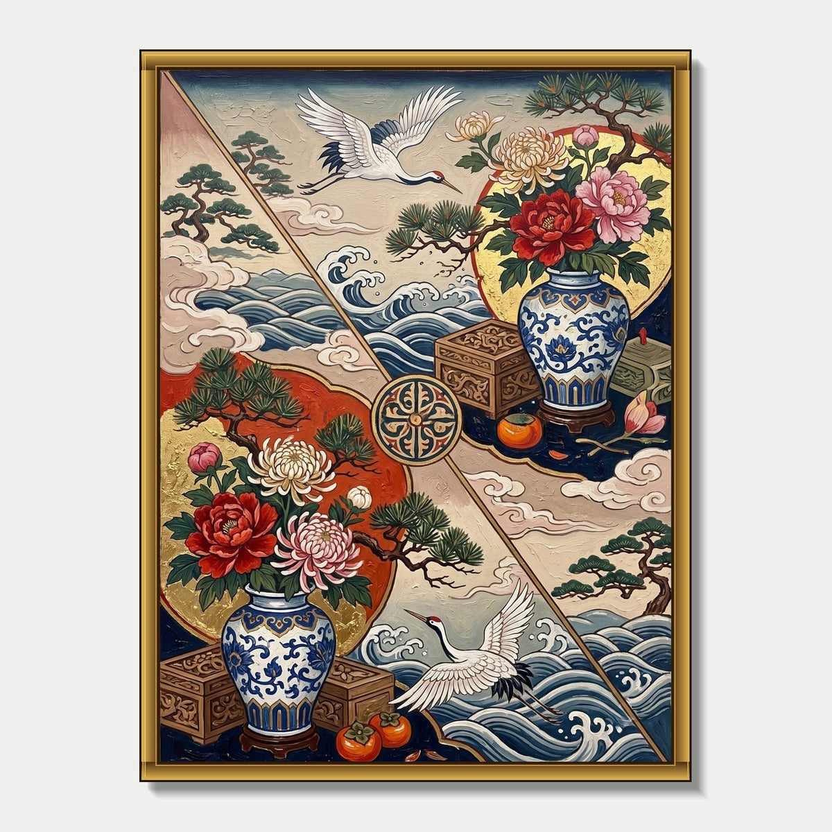 Cranes, Peonies and Porcelain Vases