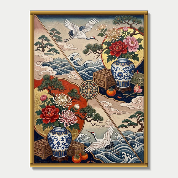 Cranes, Peonies and Porcelain Vases