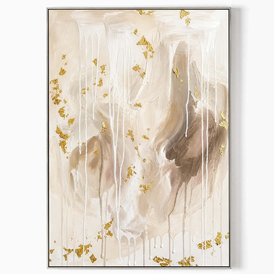 Cream and Gold Leaf Drip Abstract